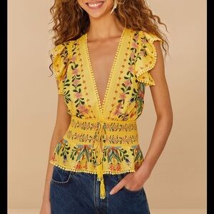 FARM Rio Yellow Floral Ruffle Blouse
